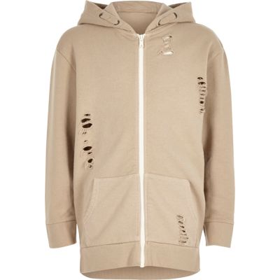 Boys cream distressed zip up hoodie